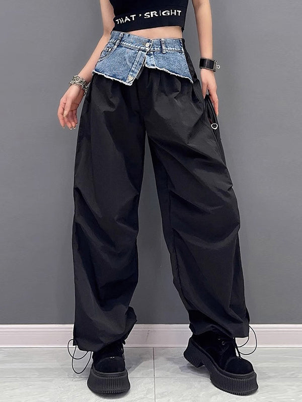 Loose Wide Leg Drawstring Elasticity Split-Joint Cargo Pants Trousers