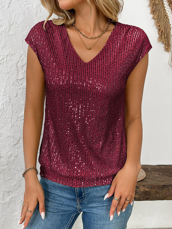 Batwing Sleeves Loose Sequined Shiny V-Neck T-Shirts Tops