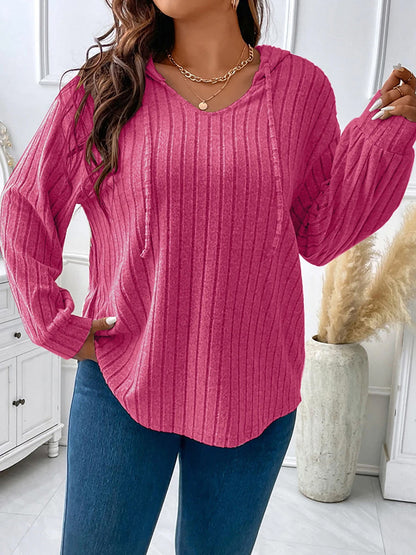 Hooded Long Sleeves Drawstring Solid Color V-Neck T-Shirts Tops