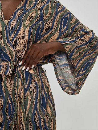 Batwing Sleeves Long Sleeves Contrast Color Printed Tied Waist Deep V-Neck Cover-Up