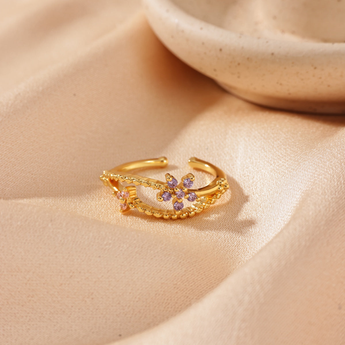 Electroplated Flowers Ring For Women In Copper With 18K Real Gold PVD Coating And Zircon Inlay