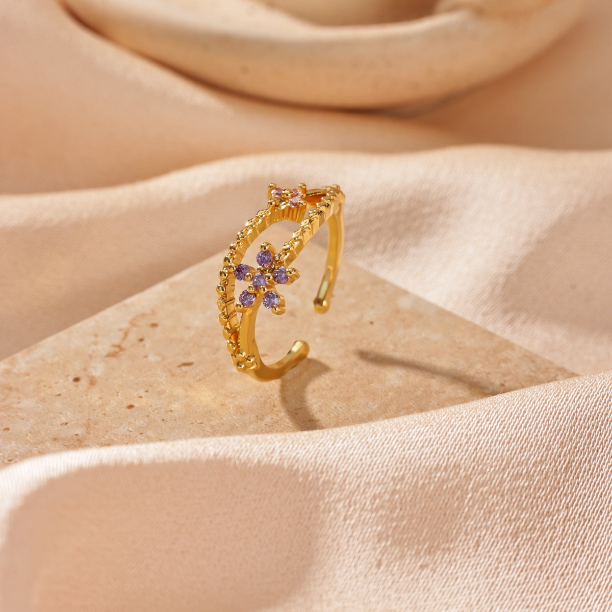 Electroplated Flowers Ring For Women In Copper With 18K Real Gold PVD Coating And Zircon Inlay