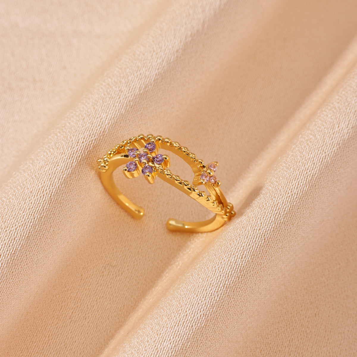 Electroplated Flowers Ring For Women In Copper With 18K Real Gold PVD Coating And Zircon Inlay