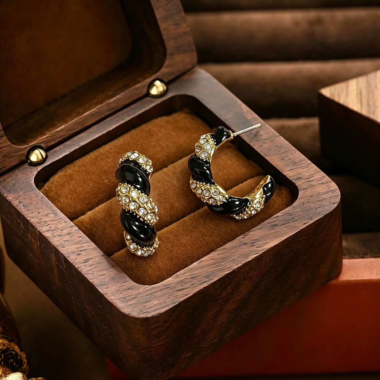 C Shape Unisex Stud Earrings With Enamel, Dyed Black Zinc Alloy, Rhinestones Inlay, 925 Sterling Silver Ear Pins