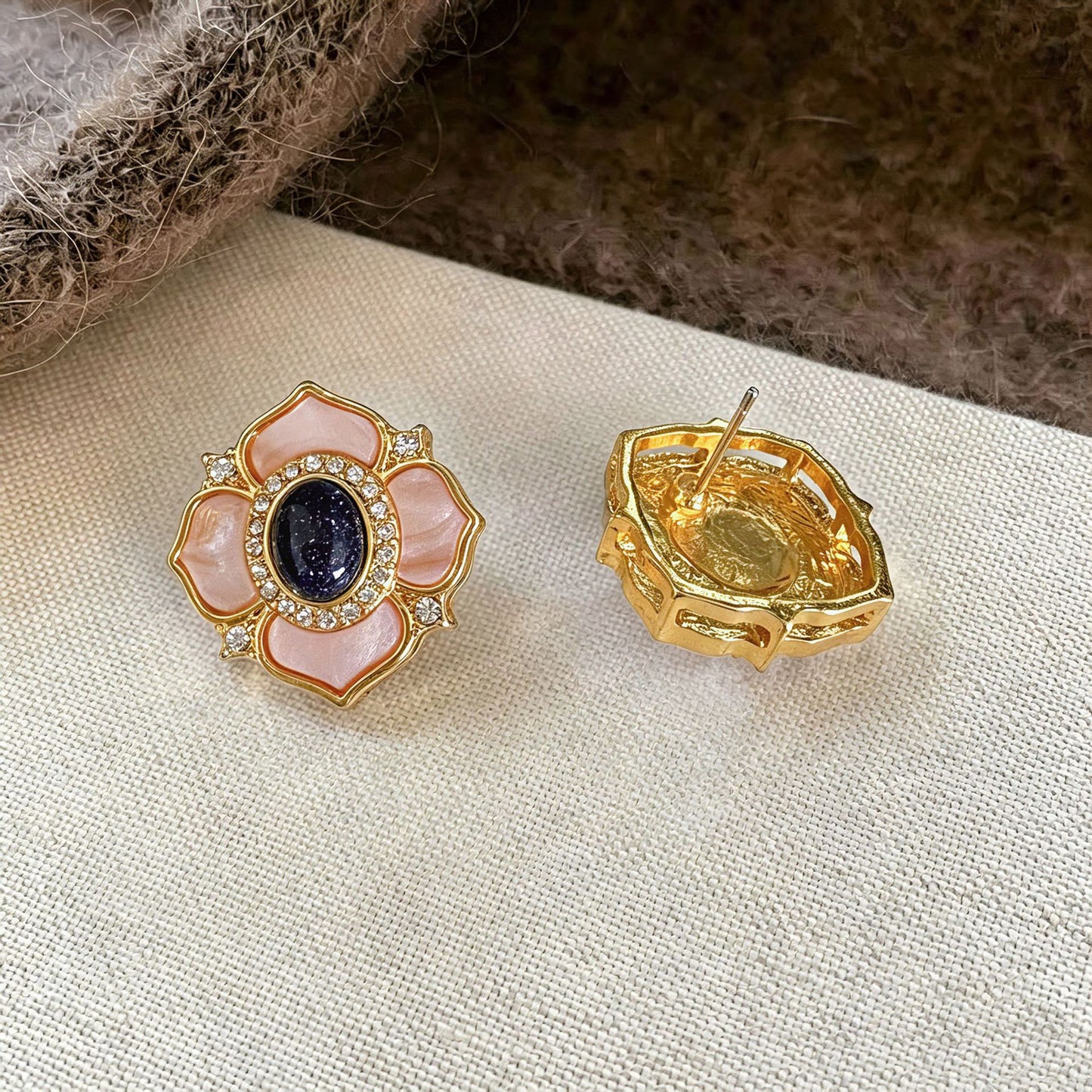 Natural Pink Flowers Stud Earrings For Unisex Featuring 925 Sterling Silver Posts And Mother-of-pearl Shell Inlay In Zinc Alloy