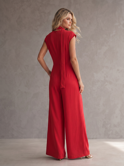 Loose Wide Leg Pockets Solid Color Streamer Deep V-Neck Jumpsuits