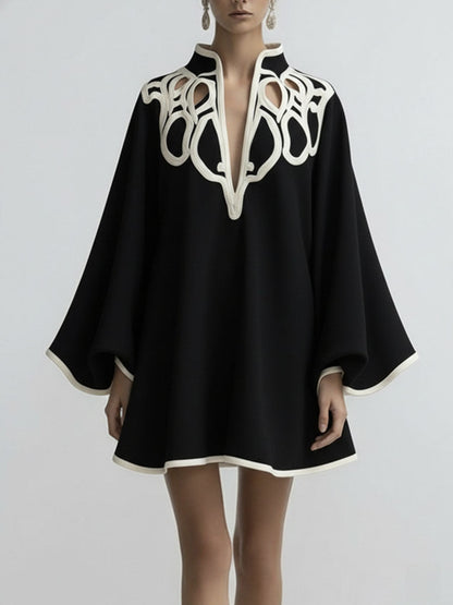 Flared Sleeves Loose Contrast Color Hollow Stand Collar Mini Dresses