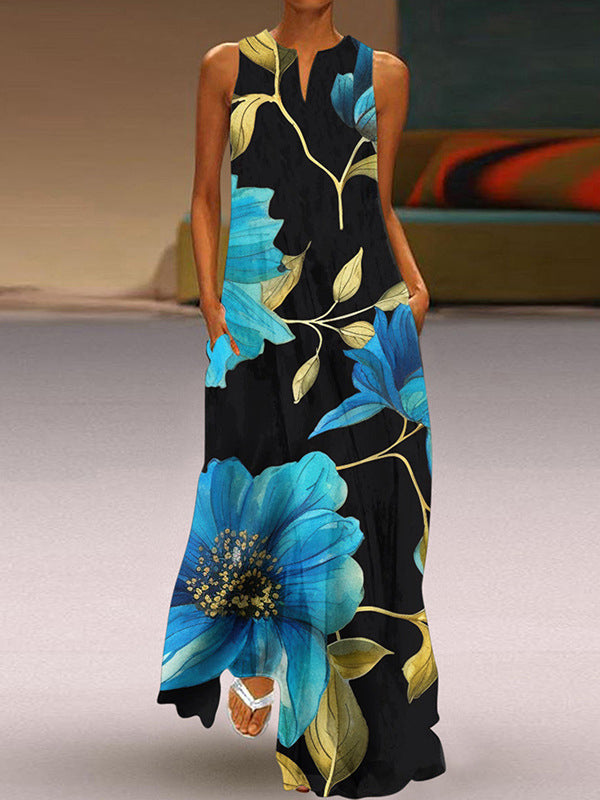 A-Line Loose Flower Print Pockets V-Neck Maxi Dresses