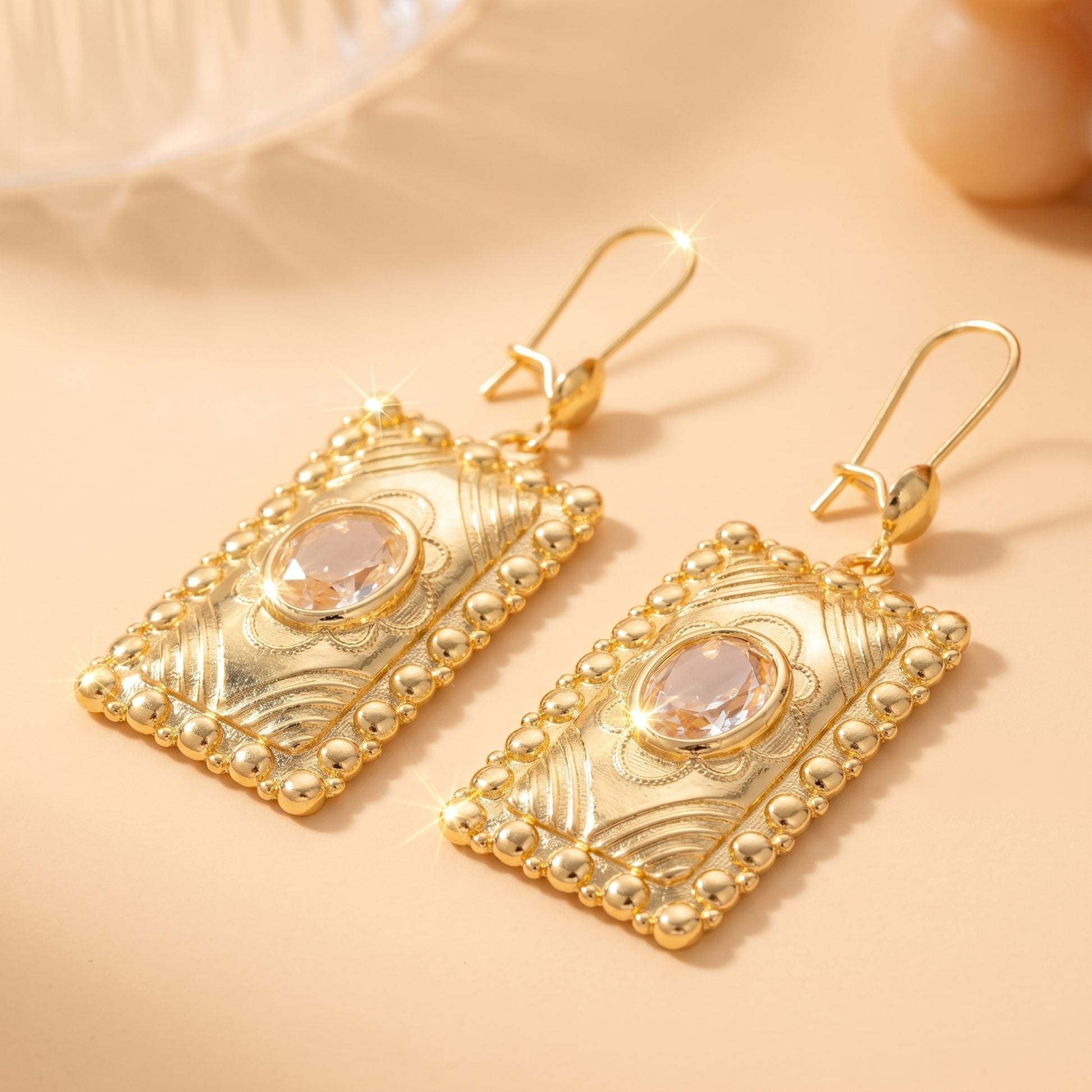 Square Hypoallergenic Earrings For Women In Golden Plated Copper With Zircon Inlay