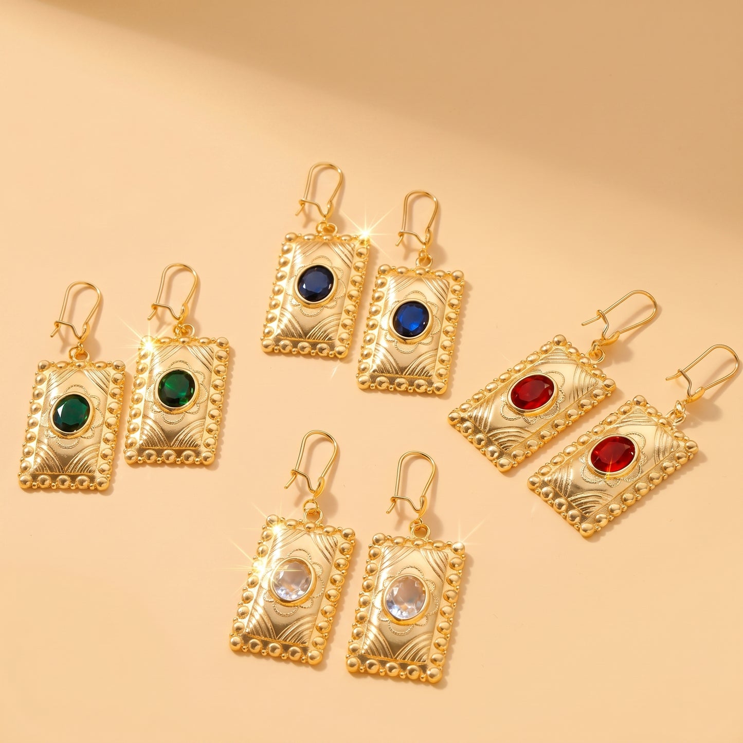Square Hypoallergenic Earrings For Women In Golden Plated Copper With Zircon Inlay