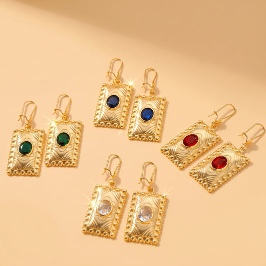 Square Hypoallergenic Earrings For Women In Golden Plated Copper With Zircon Inlay