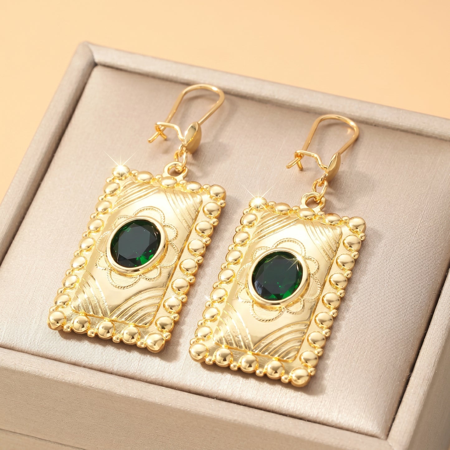 Square Hypoallergenic Earrings For Women In Golden Plated Copper With Zircon Inlay