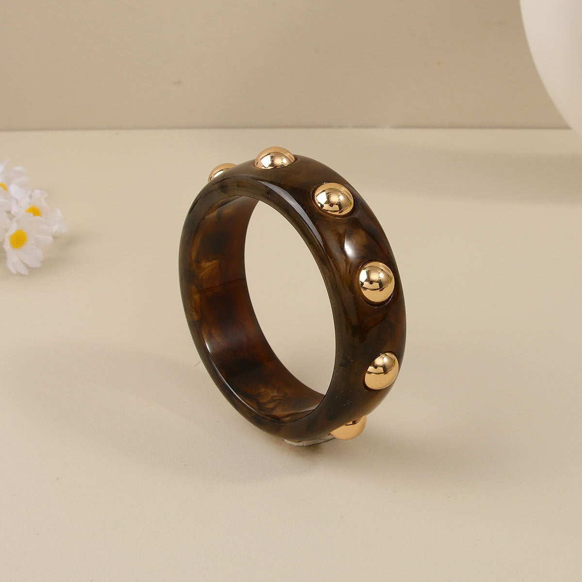 Handmade Round Resin Bangle For Women With Leopard Print And Beads Inlay