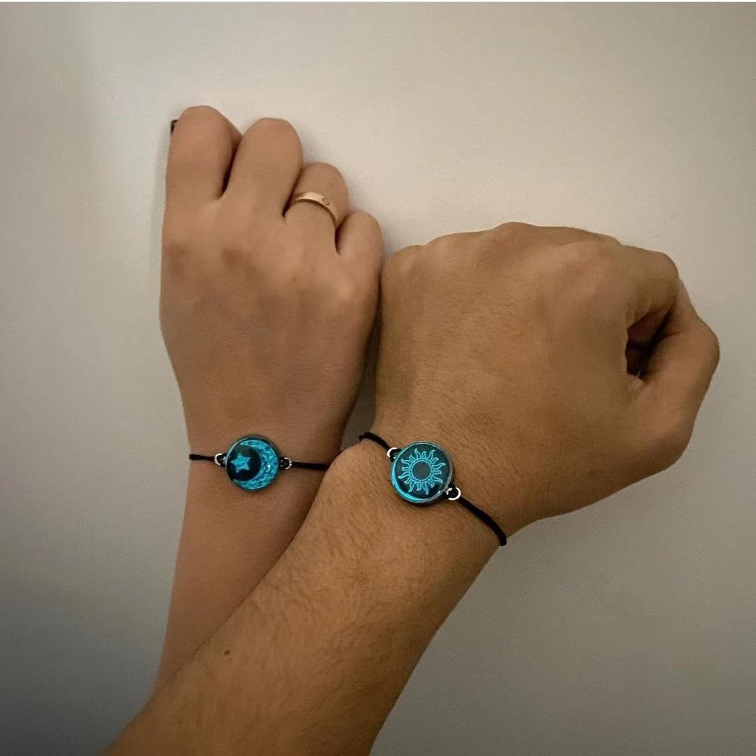 Moon Pattern Braid Rope Bracelets With Stone Pendant For Couples In White