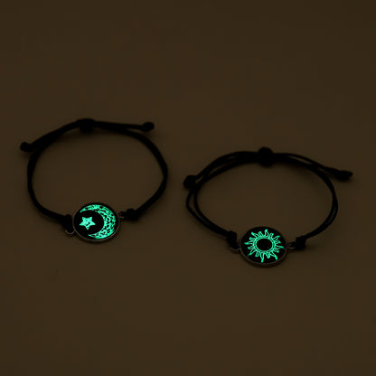 Moon Pattern Braid Rope Bracelets With Stone Pendant For Couples In White