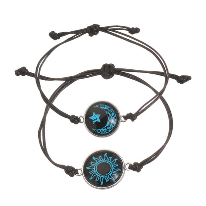 Moon Pattern Braid Rope Bracelets With Stone Pendant For Couples In White