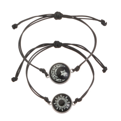 Moon Pattern Braid Rope Bracelets With Stone Pendant For Couples In White