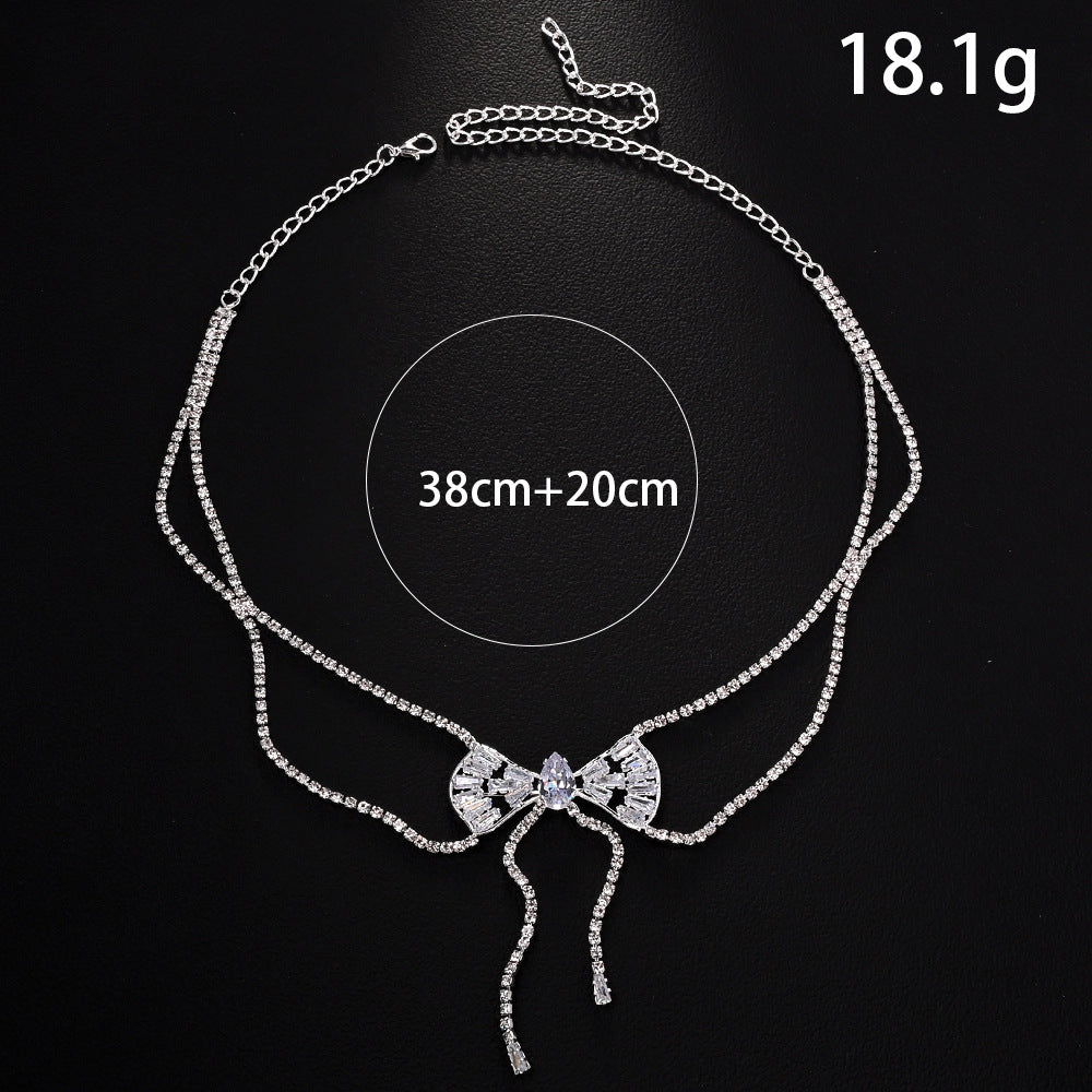 Silver Tassel Bow Tie Layered Necklace For Women Featuring Rhinestone Pendant In Alloy