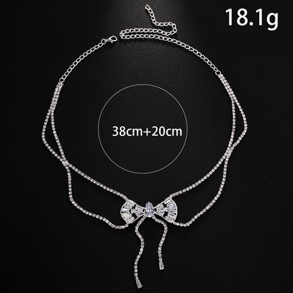 Silver Tassel Bow Tie Layered Necklace For Women Featuring Rhinestone Pendant In Alloy