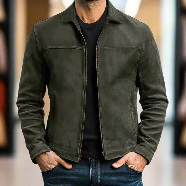 Men's Simple Style Solid Color Jacket With Zipper Placket In Dyed Black, Made From Durable PU Fabric