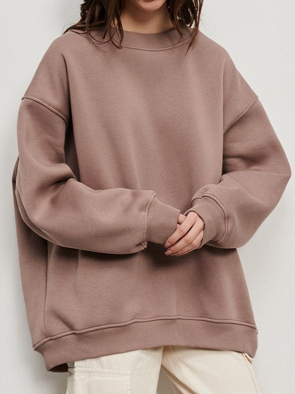 Long Sleeves Loose Solid Color Round-Neck Sweatshirt Tops