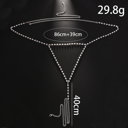 Trillion-cut Silver Body Chain For Unisex Featuring Rhinestones And White Crystal With Electroplated Finish