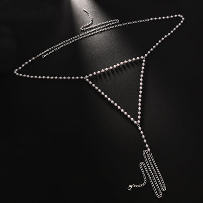 Trillion-cut Silver Body Chain For Unisex Featuring Rhinestones And White Crystal With Electroplated Finish