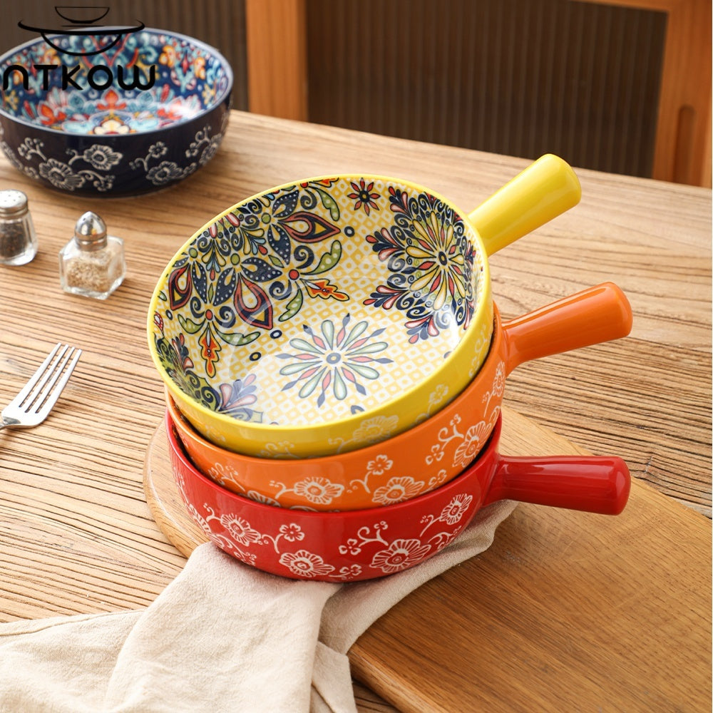 NTKOW 1 Set Of 4pcs The Underglaze Bohemian Carved-handle Bowl Blends Beauty And Practicality. Its Unique Underglaze Craft Ensures Lasting Bright Hues And Safety. The Smooth Carved Handle, Adding Art, Is Easy to Hold for Home