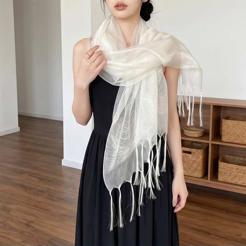 Original Design Solid Color Scarf In White Silk, Perfect For Spring & Summer
