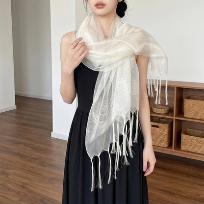 Original Design Solid Color Scarf In White Silk, Perfect For Spring & Summer