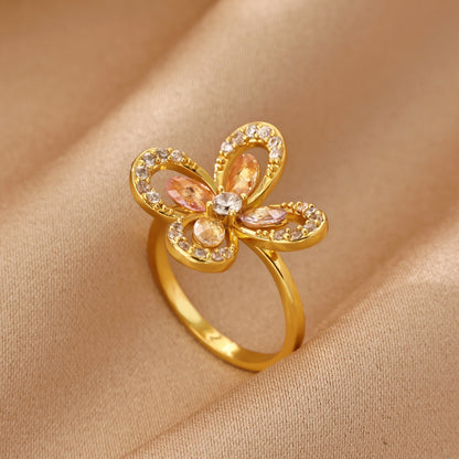 Electroplated Flowers Ring For Women In Copper With 18K Real Gold PVD Coating And Zircon Inlay