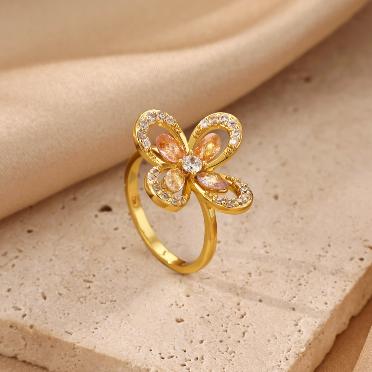 Electroplated Flowers Ring For Women In Copper With 18K Real Gold PVD Coating And Zircon Inlay