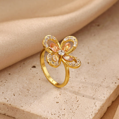 Electroplated Flowers Ring For Women In Copper With 18K Real Gold PVD Coating And Zircon Inlay
