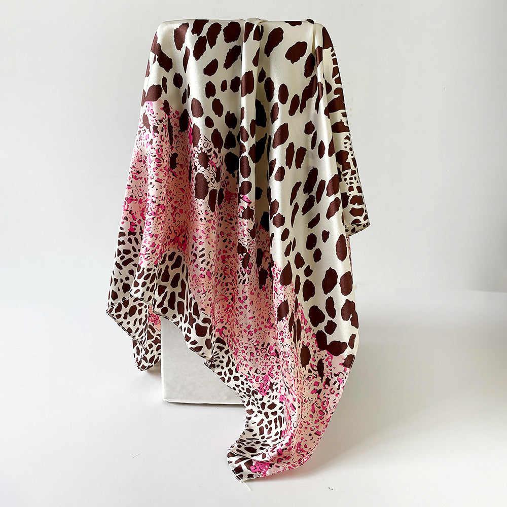 Leopard Pattern Satin Silk Scarf In Pink Featuring Elegant Design
