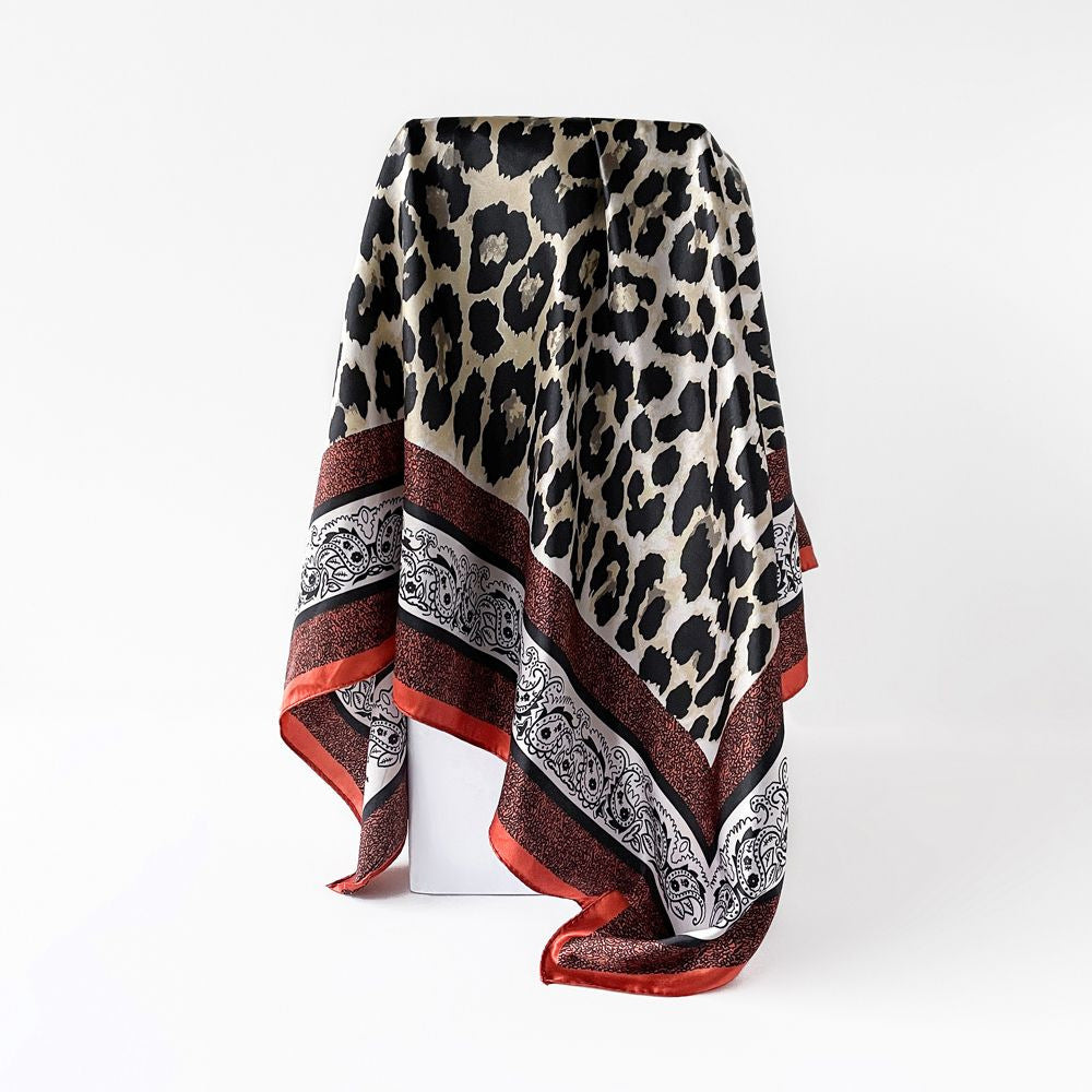 Leopard Pattern Satin Silk Scarf In Pink Featuring Elegant Design