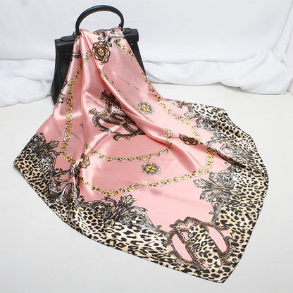 Leopard Pattern Satin Silk Scarf In Pink Featuring Elegant Design