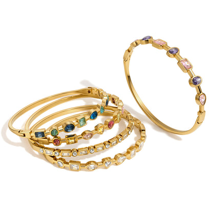 Geometric Bangle In 304 Stainless Steel With Zircon Inlay And Electroplated Gold Plating Process, Available In Colour