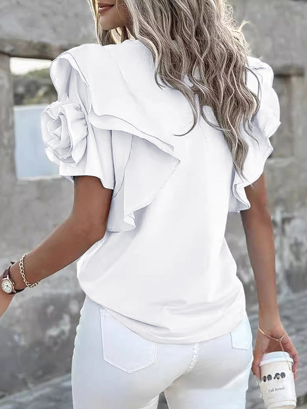 Loose Ruffle Sleeves Ruffled Solid Color Three-Dimensional Flower Round-Neck T-Shirts Tops