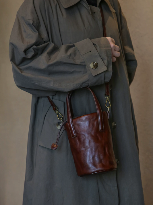 Vintage Crinkled Leather Tall Bucket Bag