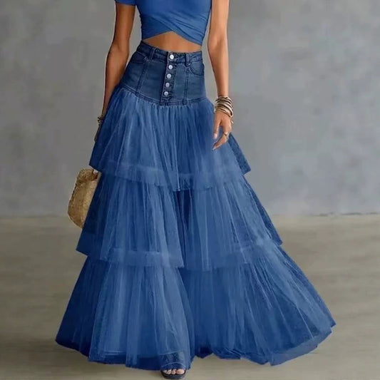 Solid Color Chiffon Tiered Skirt With Mesh Detail For Summer Daily Wear