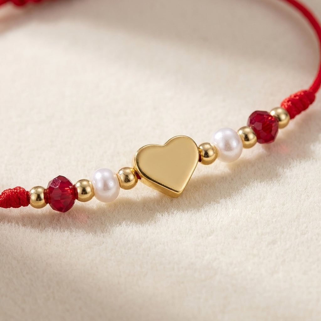 Adjustable Red Rope Heart Bracelet With Knot Design Gold Jewelry Red Heart And White Pearl Accessories Suitable For Daily Wear Unisex