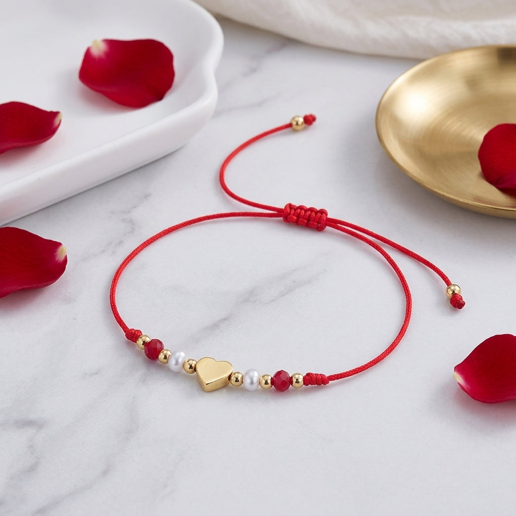 Adjustable Red Rope Heart Bracelet With Knot Design Gold Jewelry Red Heart And White Pearl Accessories Suitable For Daily Wear Unisex