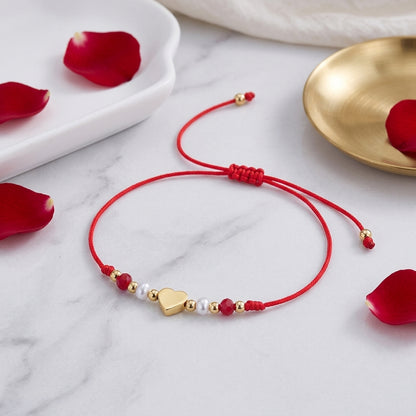Adjustable Red Rope Heart Bracelet With Knot Design Gold Jewelry Red Heart And White Pearl Accessories Suitable For Daily Wear Unisex