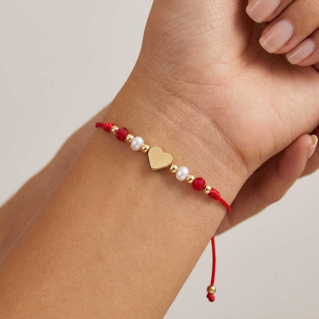 Adjustable Red Rope Heart Bracelet With Knot Design Gold Jewelry Red Heart And White Pearl Accessories Suitable For Daily Wear Unisex