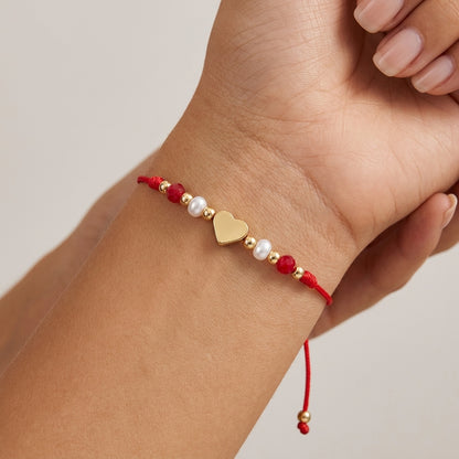 Adjustable Red Rope Heart Bracelet With Knot Design Gold Jewelry Red Heart And White Pearl Accessories Suitable For Daily Wear Unisex