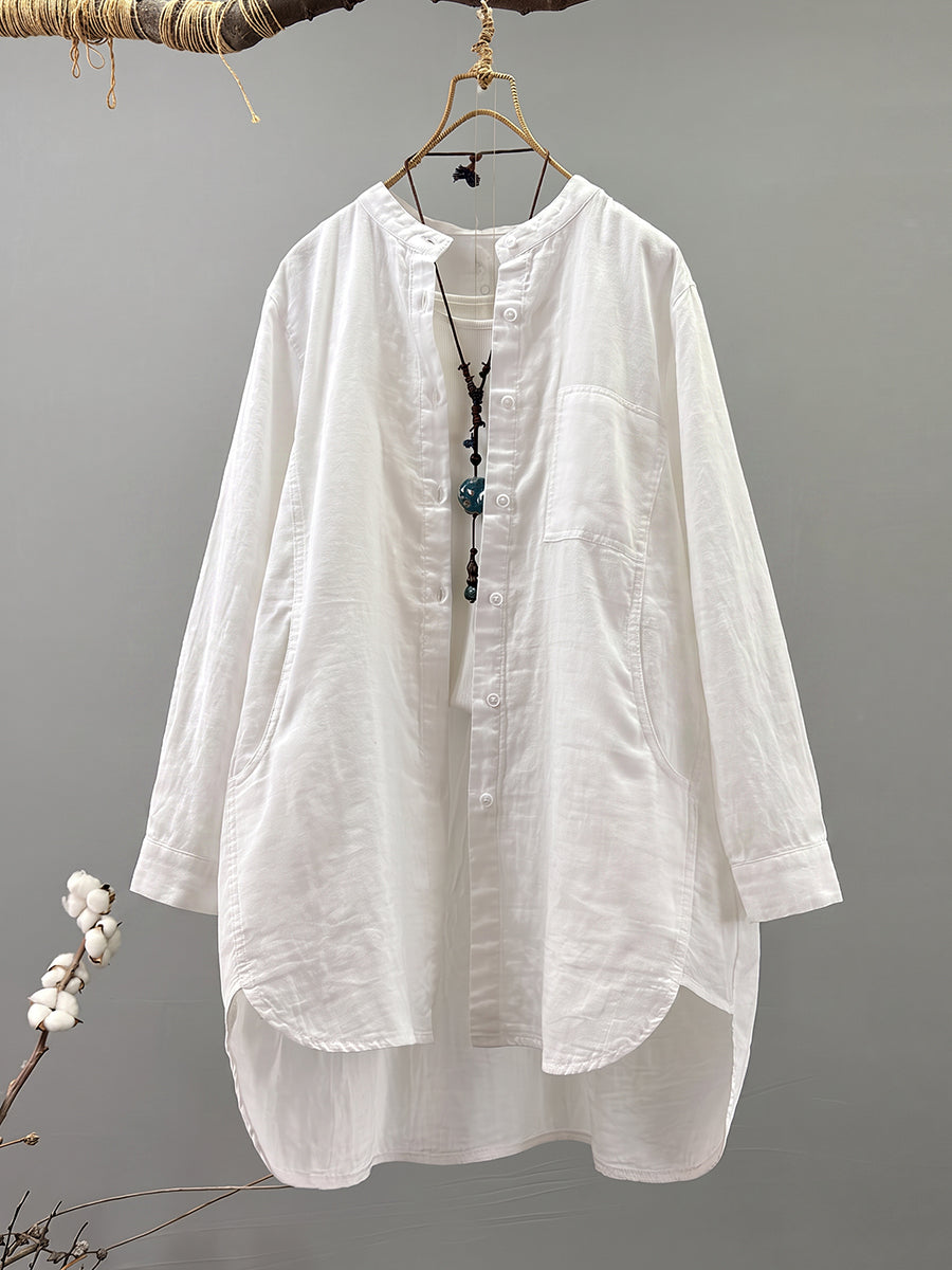 Plus Size Women Artsy Stand Collar 100%Cotton Long Sleeve Shirt