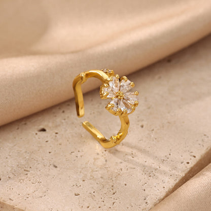 Electroplated Flowers Ring For Women In Copper With 18K Real Gold PVD Coating And Zircon Inlay
