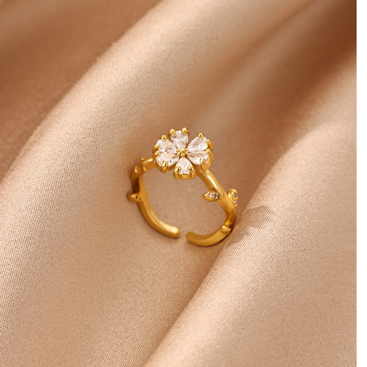 Electroplated Flowers Ring For Women In Copper With 18K Real Gold PVD Coating And Zircon Inlay