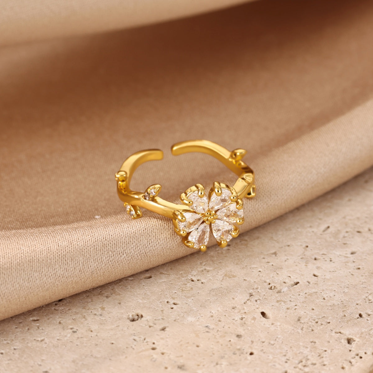 Electroplated Flowers Ring For Women In Copper With 18K Real Gold PVD Coating And Zircon Inlay