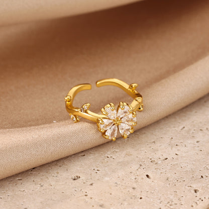 Electroplated Flowers Ring For Women In Copper With 18K Real Gold PVD Coating And Zircon Inlay